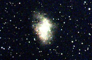 Image 7: Messier 1 unprocessed and overexposed, single frame using fixed gain, 5 second exposure, and white point set to 100 illustrating individual blown-out frames added to Image 6D.  Image captured by Matt Harmston using a MallinCam DS287c and MallinCam VRC10-CF at f/4.5.